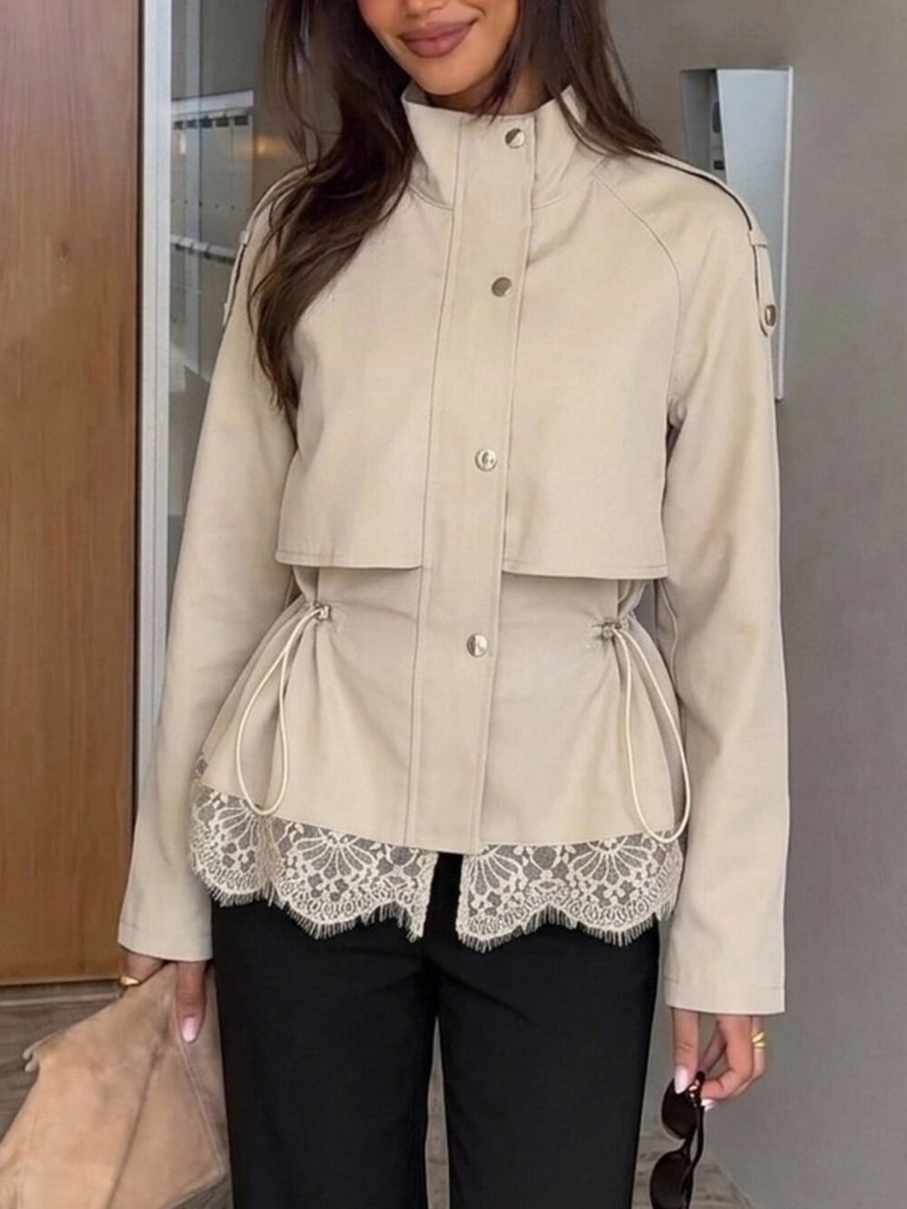 Apricot Casual Women's Chic Funnel Neck Short Trench Coat - Picture 9 of 10